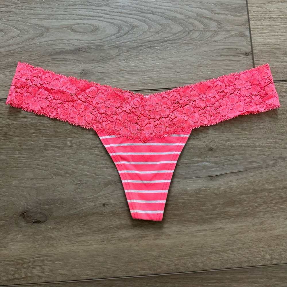 NWOT 2011 Victoria Secret Pink Neon Coral Stripe Lace Thong S